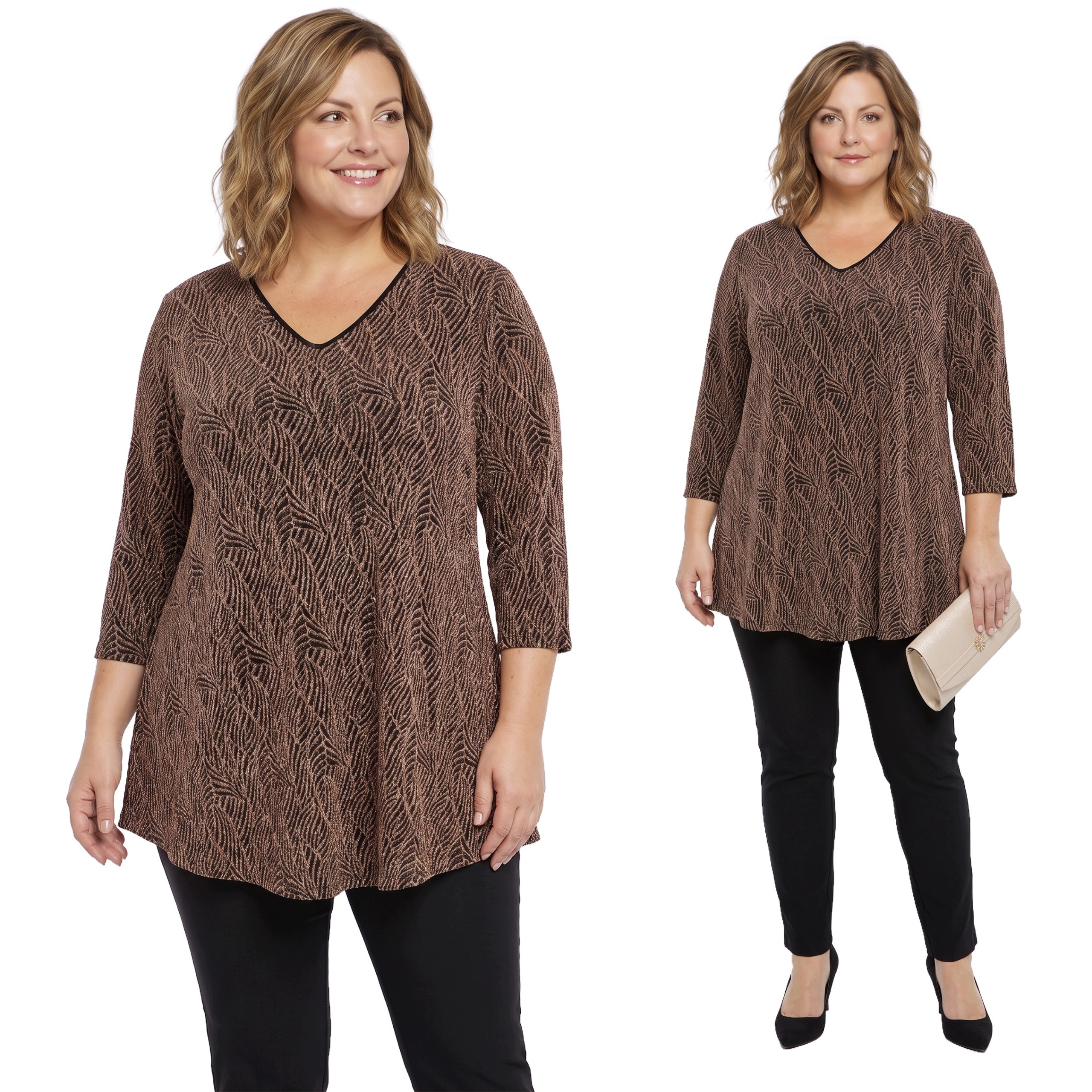 Tunika z měkkého materiálu, zlaté lesklé vzory plus size, velikost 52/54