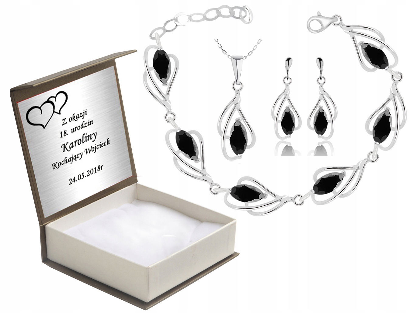 

Komplet Biżuterii Czarne Cyrkonie Sztyfty + Grawer