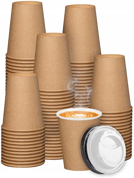 KUBKI PAPIEROWE DO KAWY + WIECZKA JEDNORAZOWE 300ml BRĄZOWE SZCZELNE