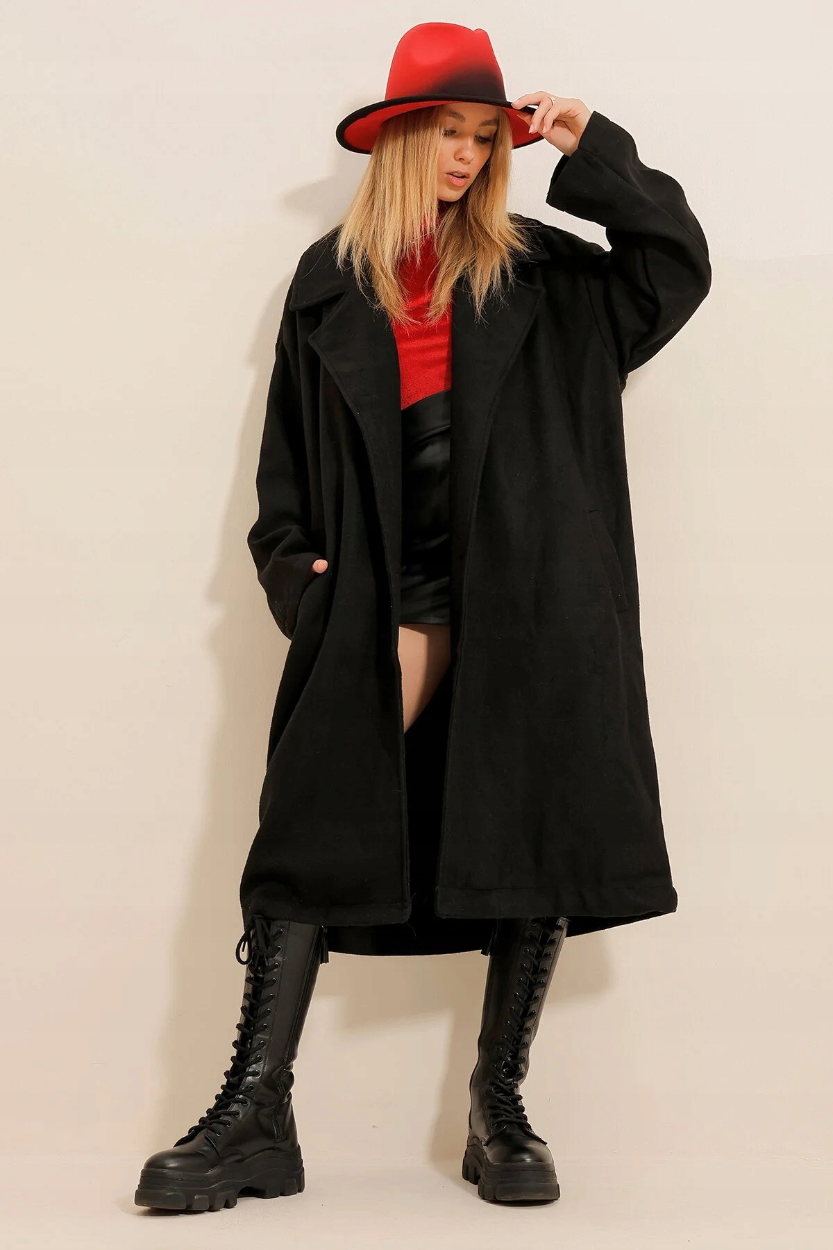 Černý Dámský Kabát S Oversize Klopami, Dlouhý, Velikost 5IA
