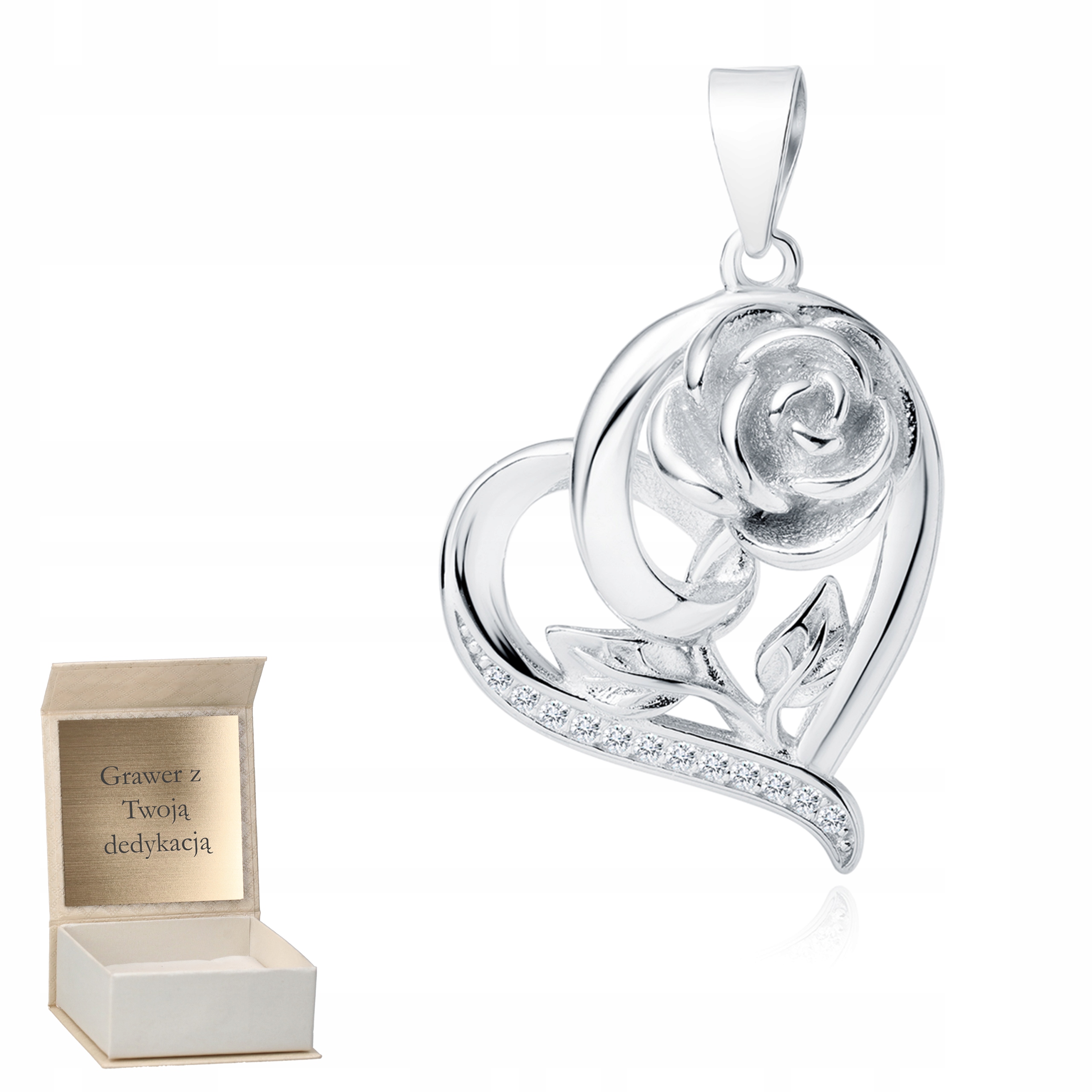 Stříbrný přívěsek Srdce s Růžičkou Bílá Zirkon vel. 925 Gravírování