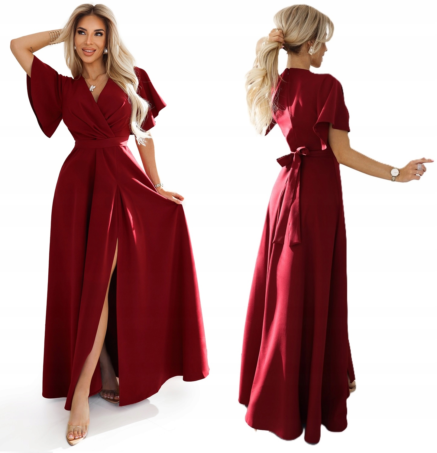 Dlouhé Šaty Na Ples S Hlubokým Výstřihem A Páskem V Pase Bordó 3XL