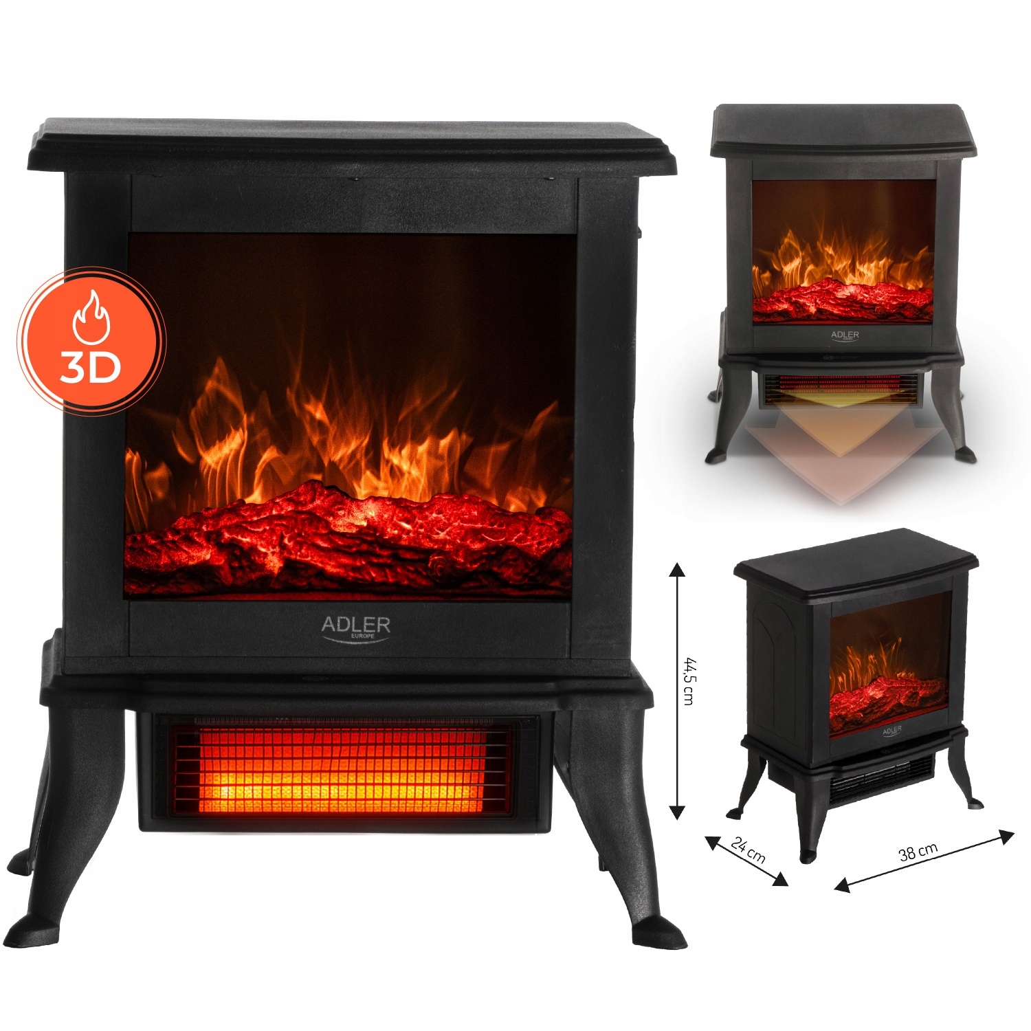 Elektrický krb 3D efekt plamene 2 stupně ohřevu 1000/1800W Termostat
