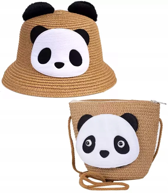

Komplet pleciony kapelusz uszy panda torebka