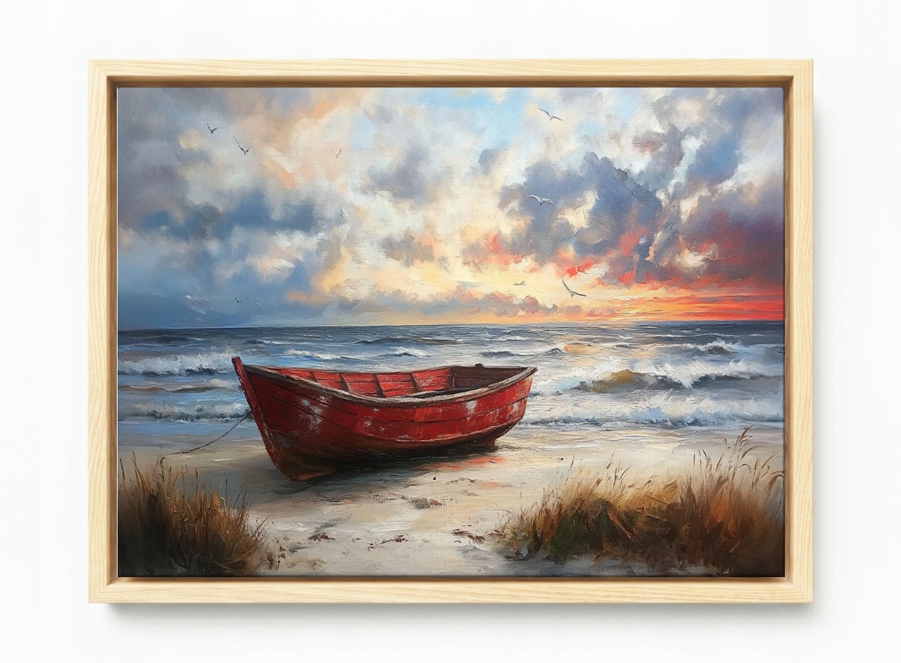Obraz Rama American Box Czerwona Loď Pláž Západ Slunce Moře Léto 60x40