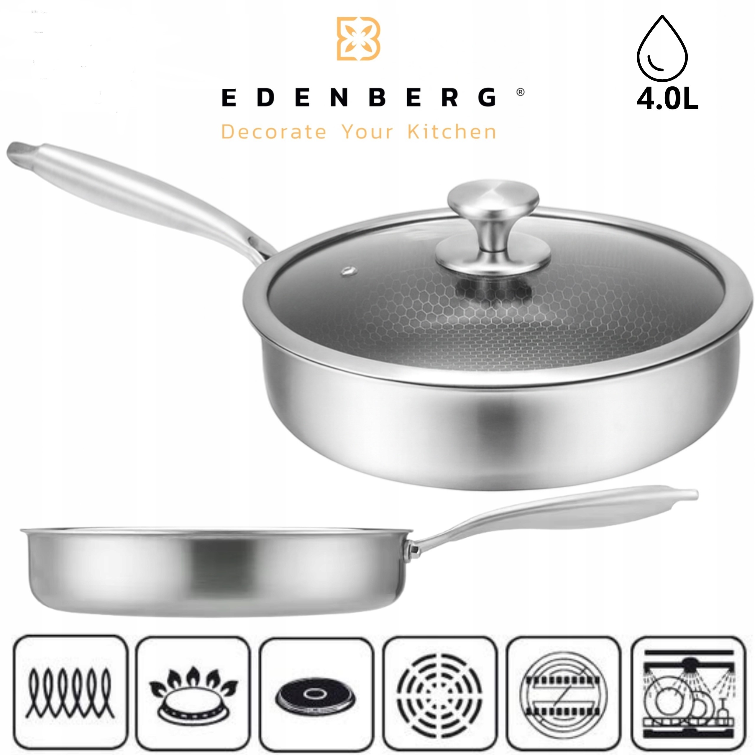 Patelnia tradycyjna Edenberg Wysoka 24 cm Powłoka Plastra Miodu Non-stick