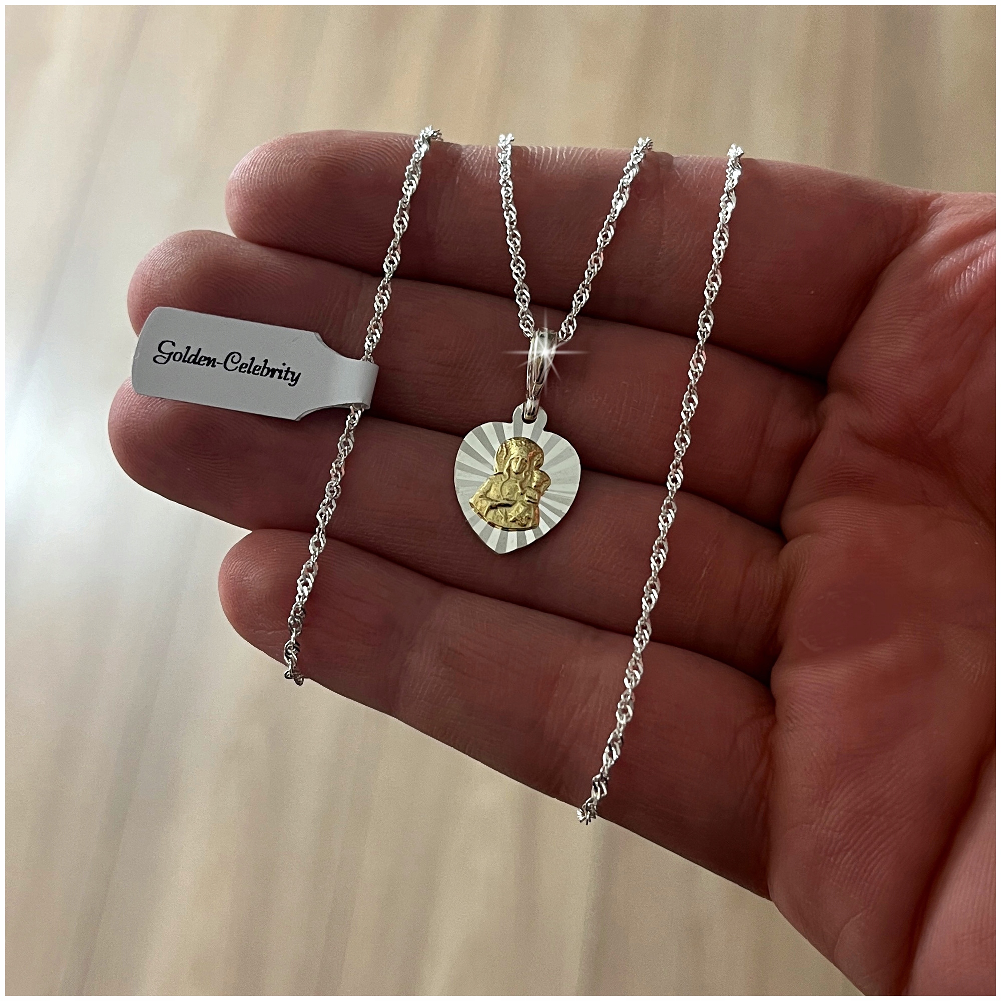 SREBRNY ŁAŃCUSZEK SINGAPUR + MEDALIK 925 MATKA BOSKA CZĘSTOCHOWSKA + GRAWER Marka Golden Celebrity