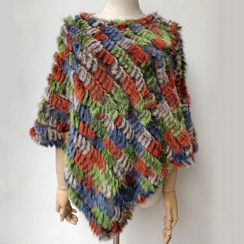 PONCZO NARZUTKA KAMIZELKA FUTRO KRÓLIKA KOLOROWE