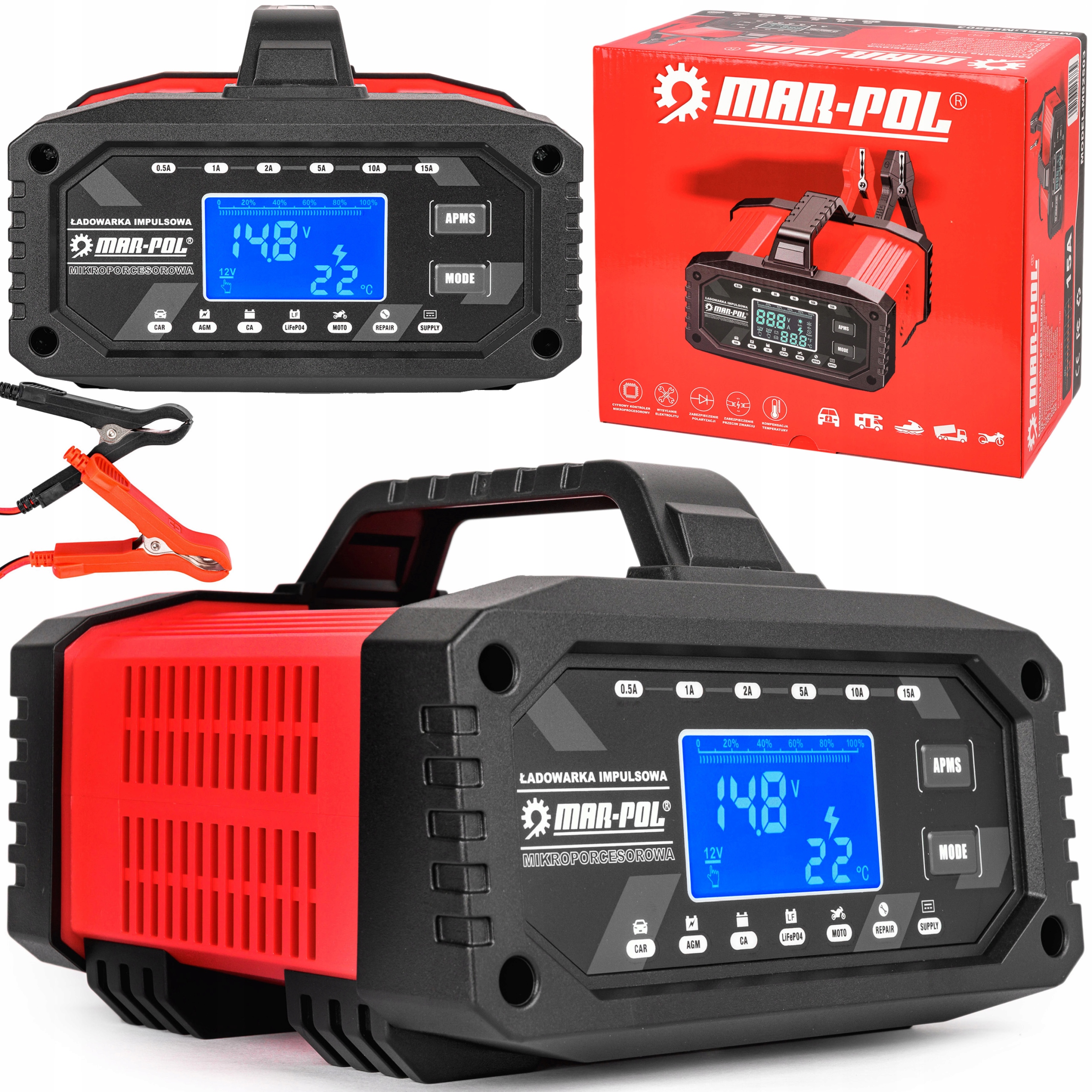 Prostownik Impulsowy Smart 10w1 Funkcja Naprawy Automatyczny 12V/24V 15A