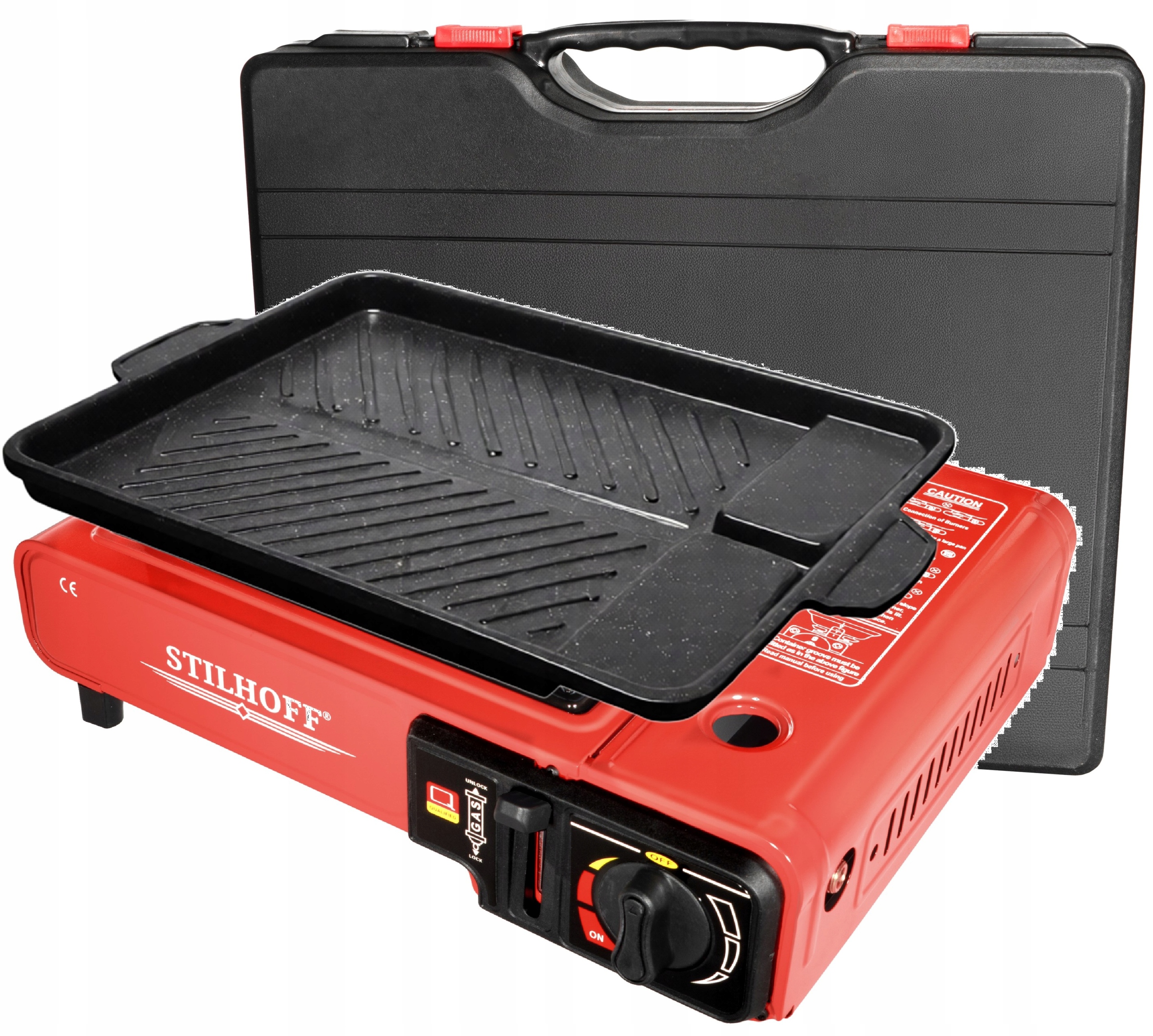 Turistický plynový vařič Stilhoff na kartuši, kufr, grilovací deska