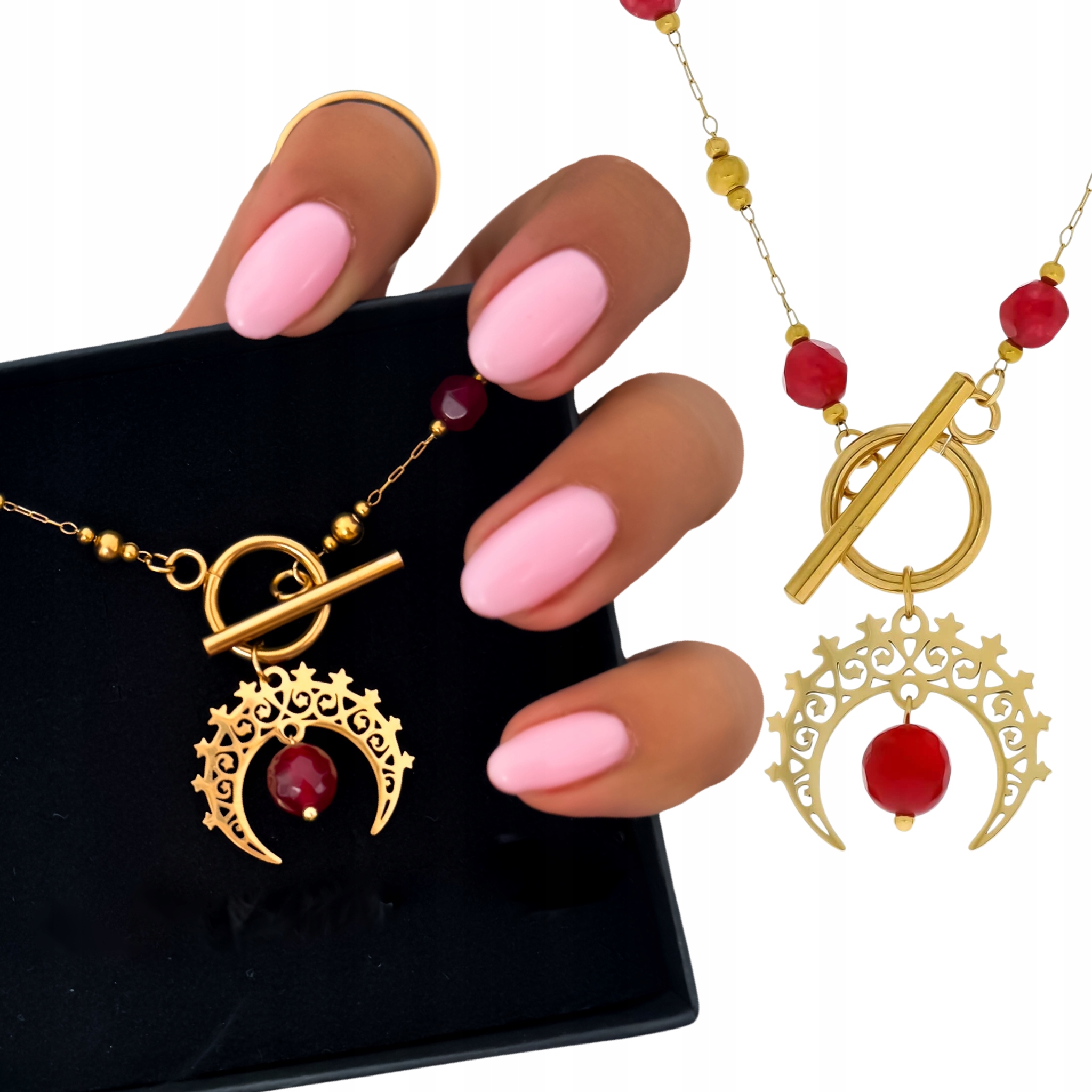 Naszyjnik z kamieniem naturalnym jadeit wiśniowy księżyc stal 316L