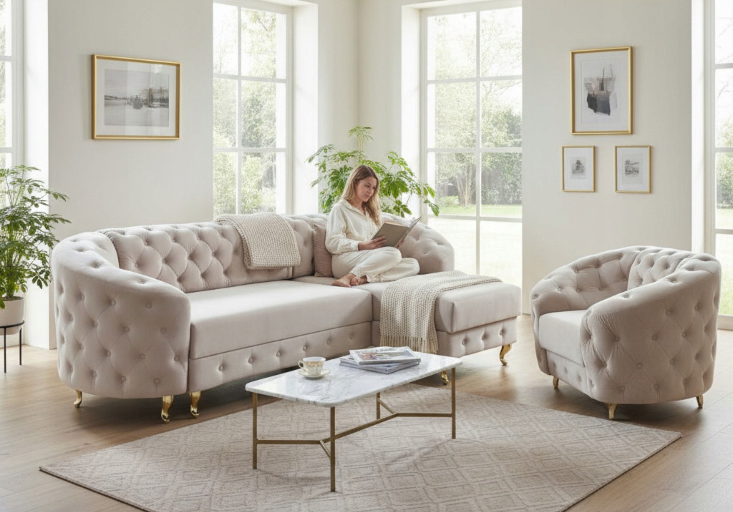 KOMPLET MEBLI PIKOWANYCH NAROŻNIK I FOTEL W STYLU CHESTERFIELD DO SALONU