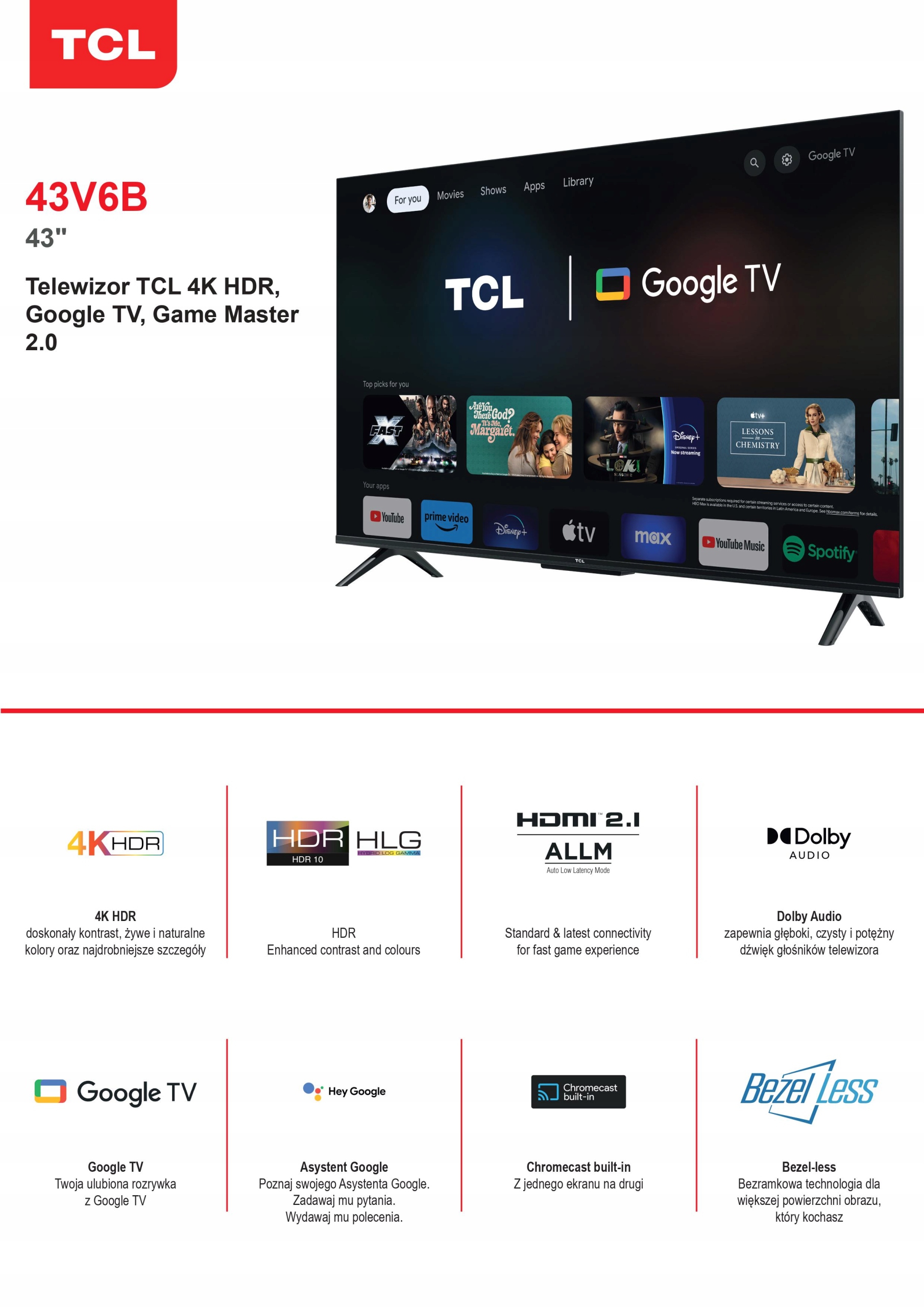 Telewizor TCL 43V6B 43" LED 4K Google TV HDMI 2.1 DVB-T2 Przekątna ekranu (cale) 43