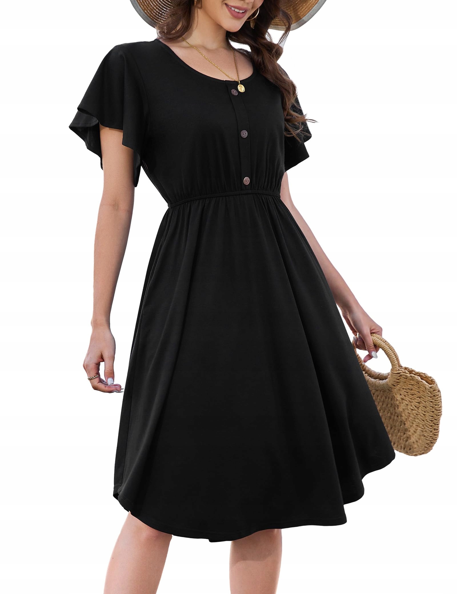Beluring Šaty Swing Midi Krátký rukáv s kapsami Černá M