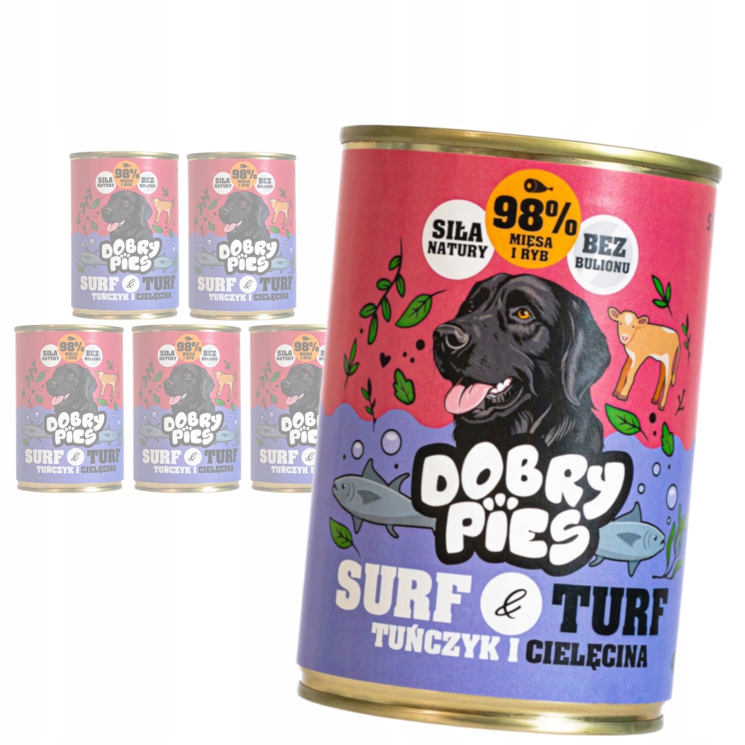 Levně Dobry Pies Surf&Turf 6x400g Vlhké Krmivo pro psy Tuňák s telecím masem