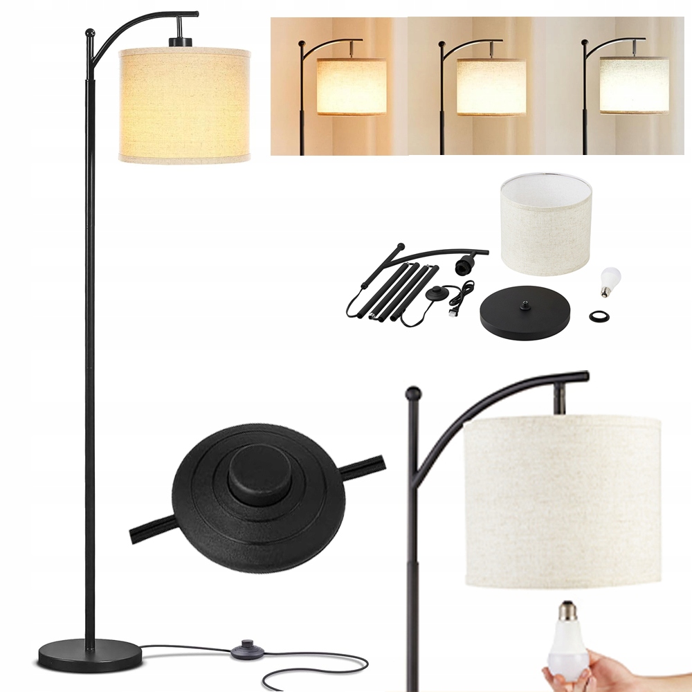 Led Podlahová Lampa S Jutovým Stínidlem A Přepínačem, 3 Barvy, 155 CM