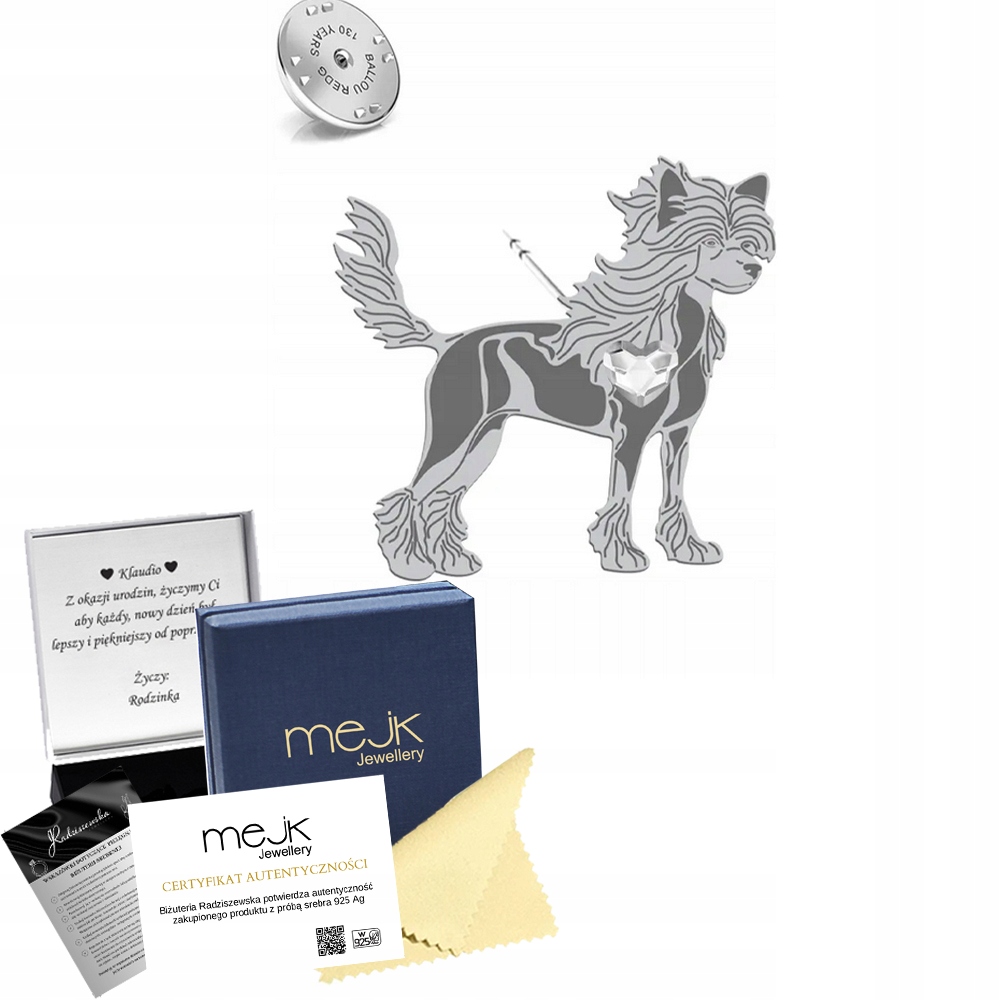 Odznak Stříbrná 925 s psem Hřívač čínský Nahá žena Dedikace Bonus