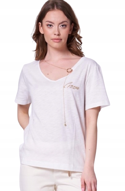 Guess Bílé Dámské Tričko S Výstřihem Do V A Logem, Jednoduchý Krátký Rukáv, Velikost I1B