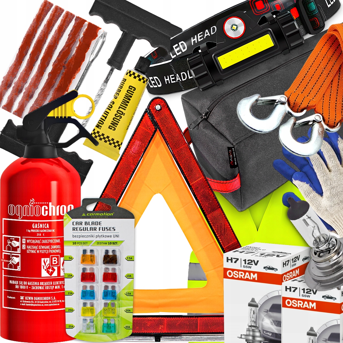 Hasicí Přístroj Trojúhelníkové pojistky Osram H7 Šňůrky na opravu pneumatik Čelová svítilna