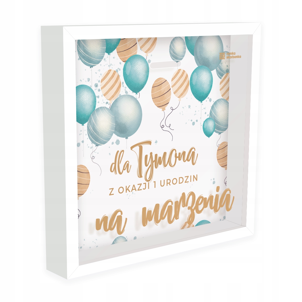 RAMKA SKARBONKA NA PIERWSZE URODZINY – MOTYW BALONÓW – Z IMIENIEM W TLE