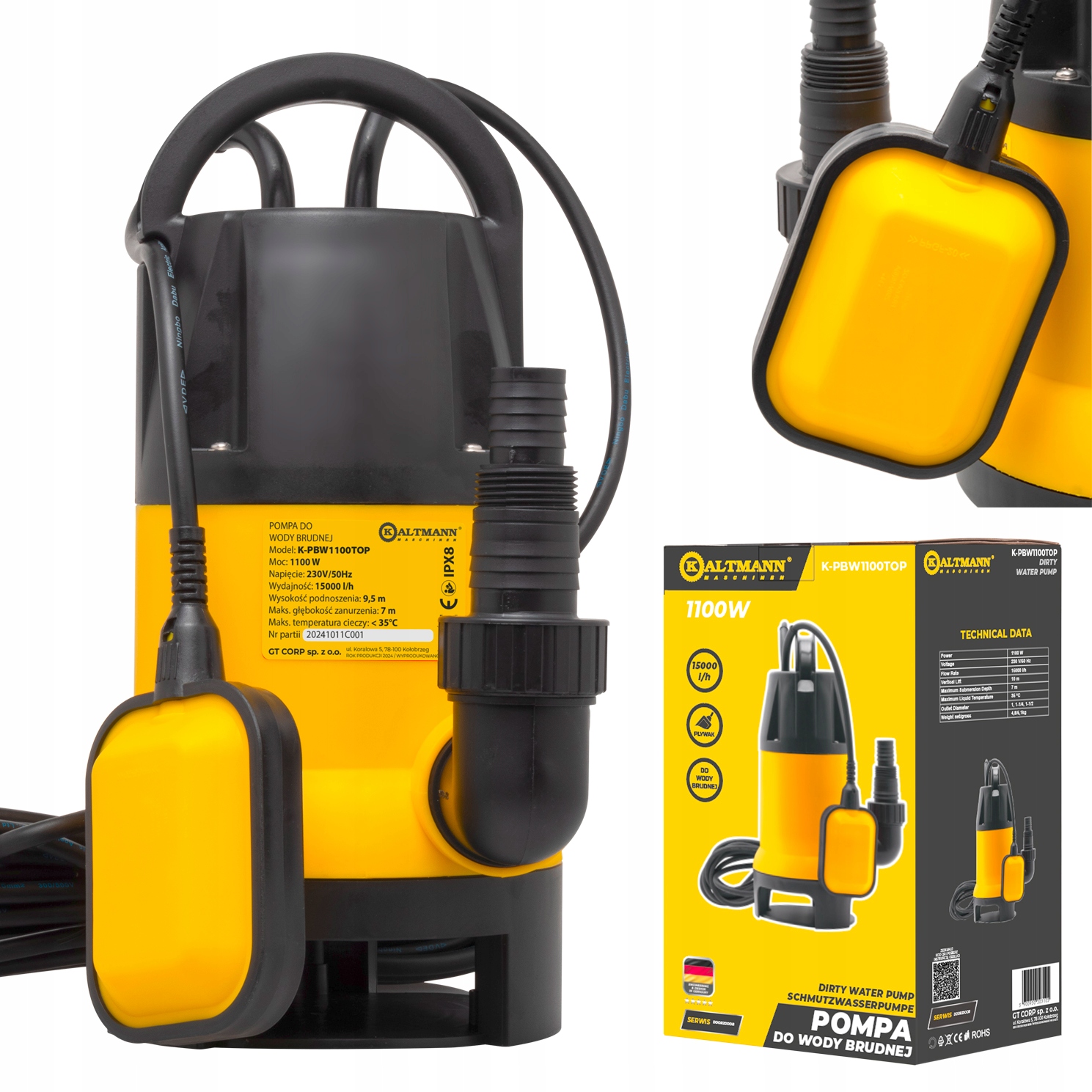 Pompa do wody brudnej Czystej deszczówki zatapialna Kaltmann 1100W 15000l/h