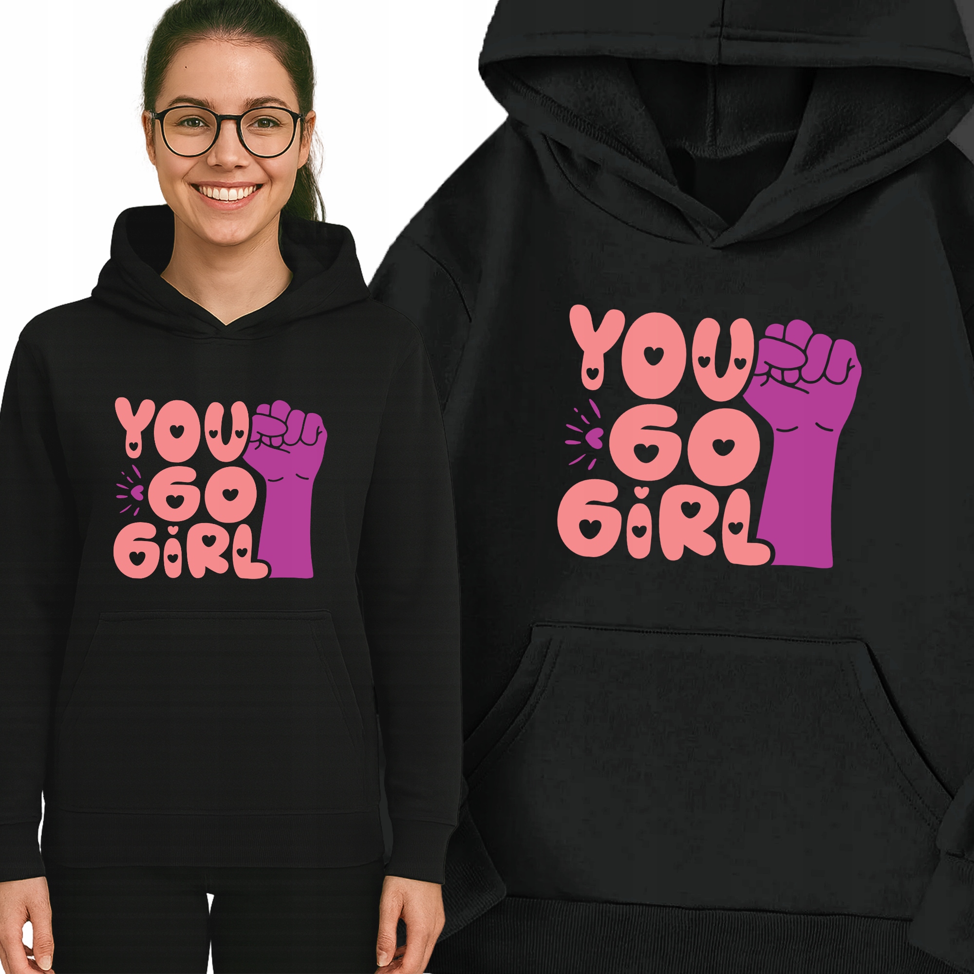Mikina Černá You Go Girl S Kapucí Teplá Módní vzor Dárek XXL