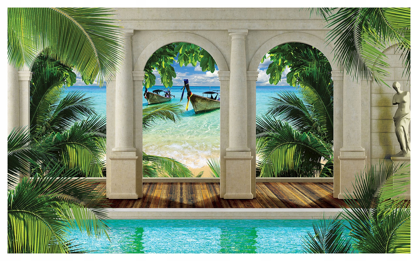 Vliesová fototapeta Stredozemné more bazén palmy terasa 312x219 lepidlo