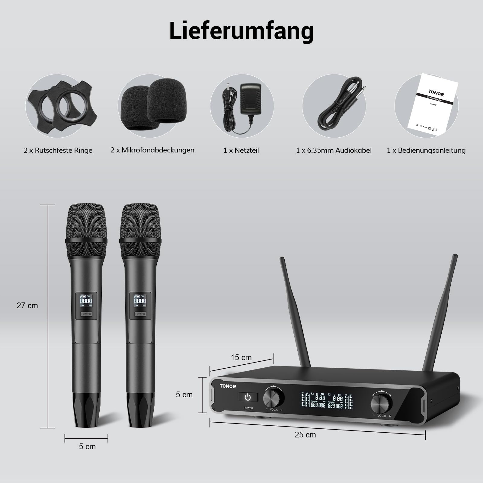 TONOR Bezprzewodowy System Mikrofonów Karaoke 60m Zasięg Szary TW450 — miniatura 8