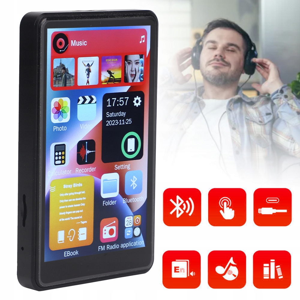 Odtwarzacz MP4 MP3 16GB Bluetooth Dotykowy Ekran Hifi Radio Fm Przenośny