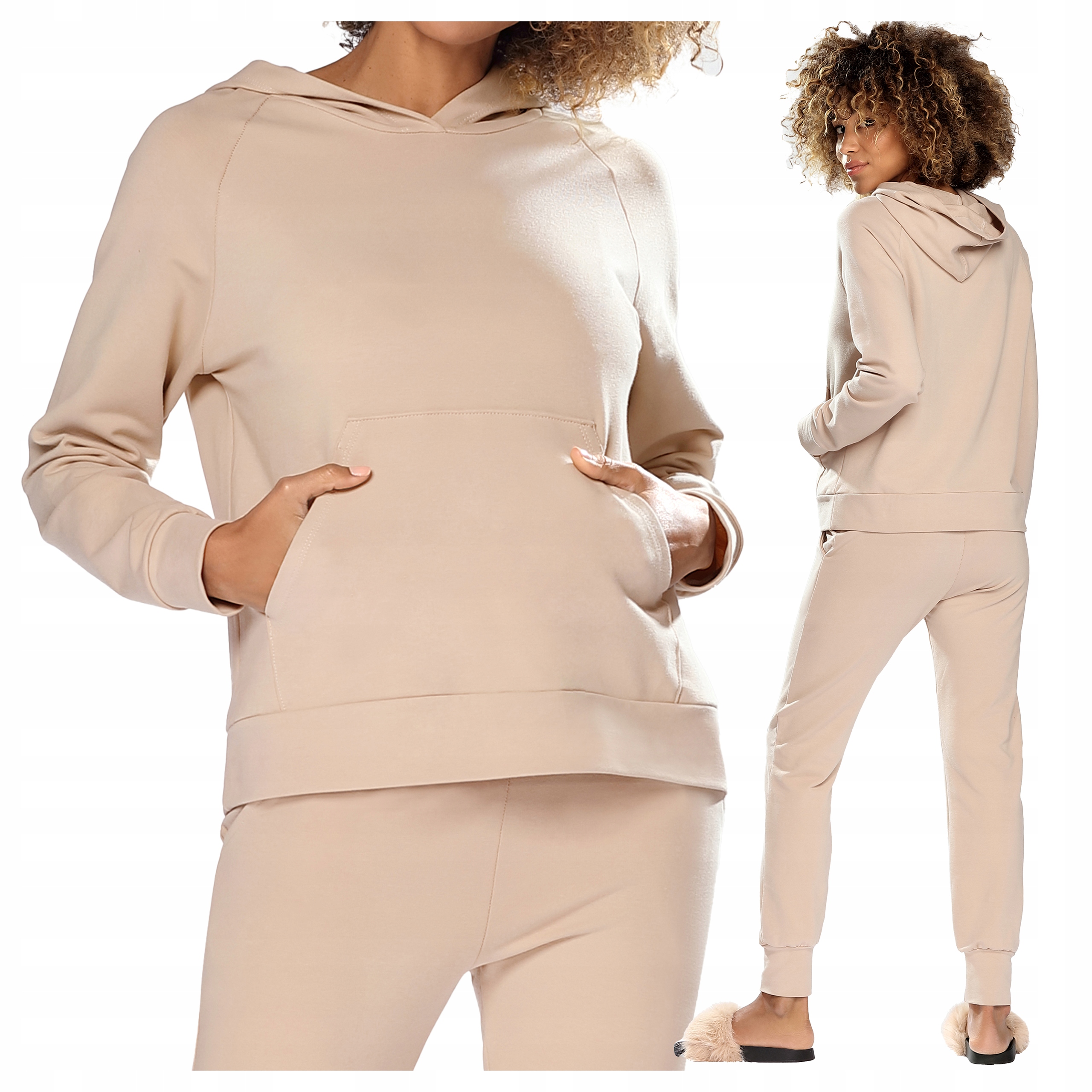 Dámská bavlněná Teplákovka s mikina s kapucí a kalhotami Seattle béžová M