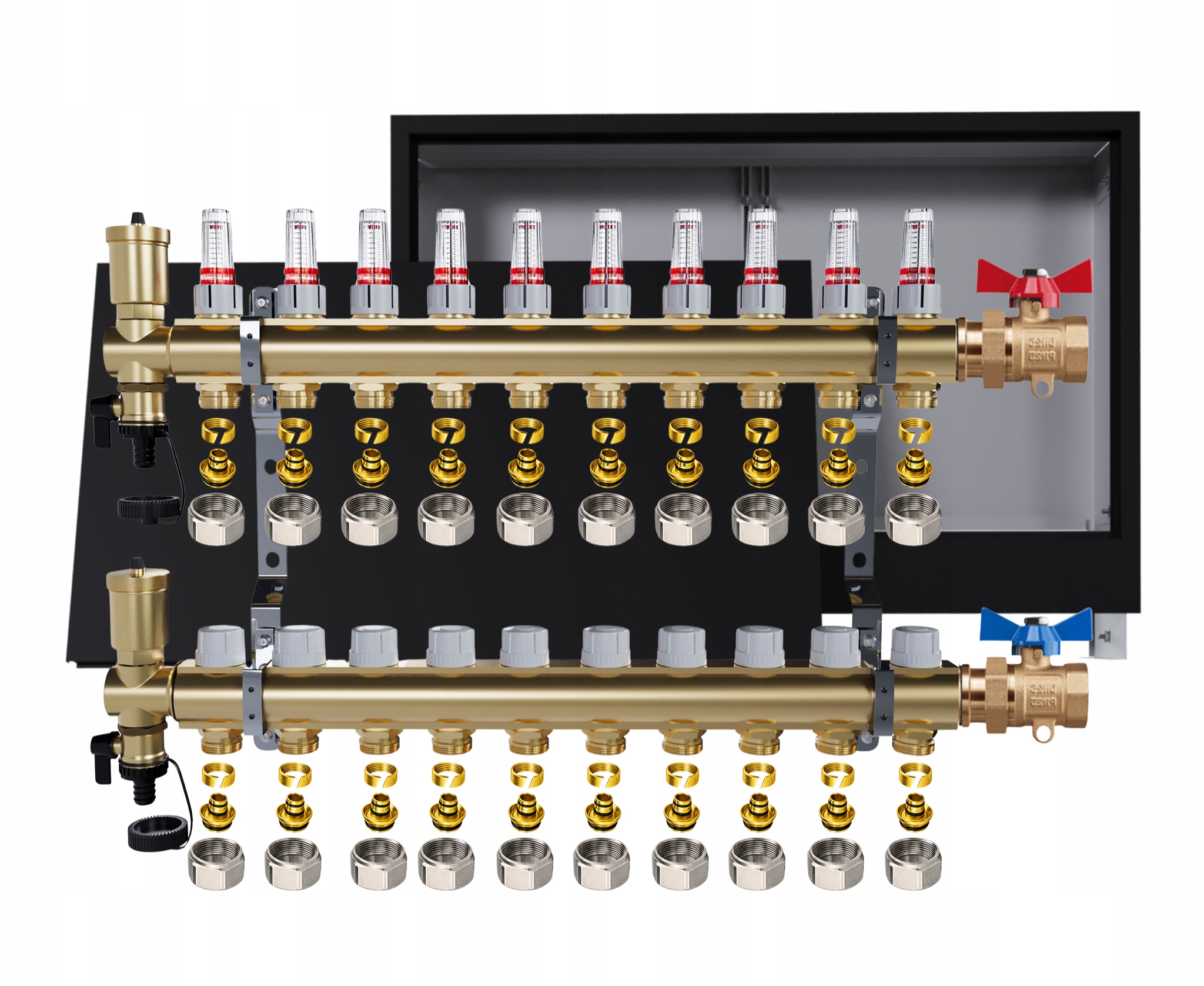 Rozdělovač podlahový mosazný 10 okruhů Podomítkový černý Ventily Pex