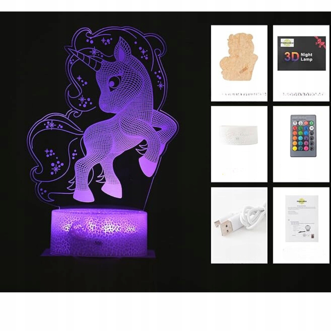 Homcoice 3D Lampka nocna dla dzieci Jednorożec USB+ Pilot 16 kolorów Marka inna