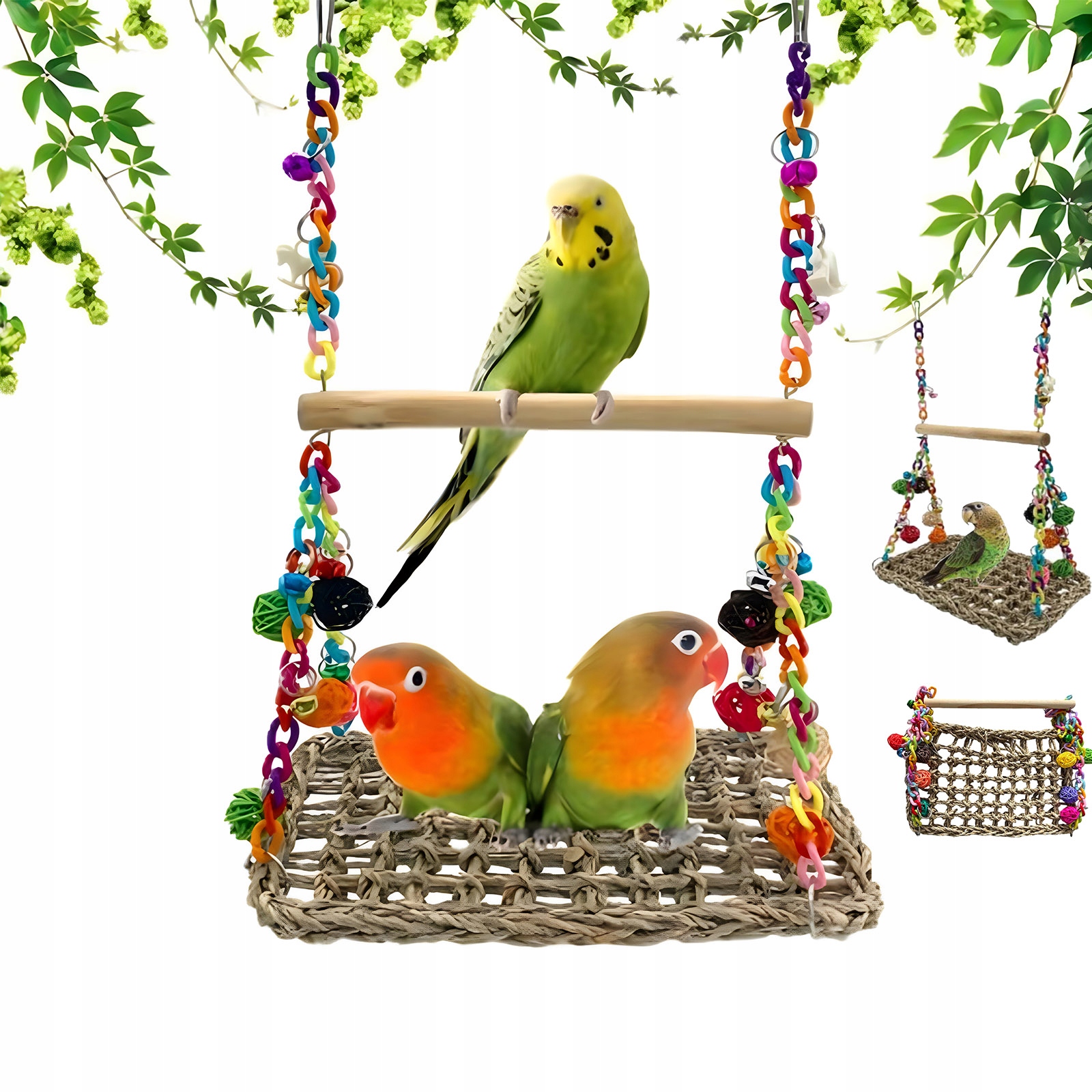 Levně Hračky pro papoušky – houpačka se zvonky, dřevěná sada, šplhací síť
