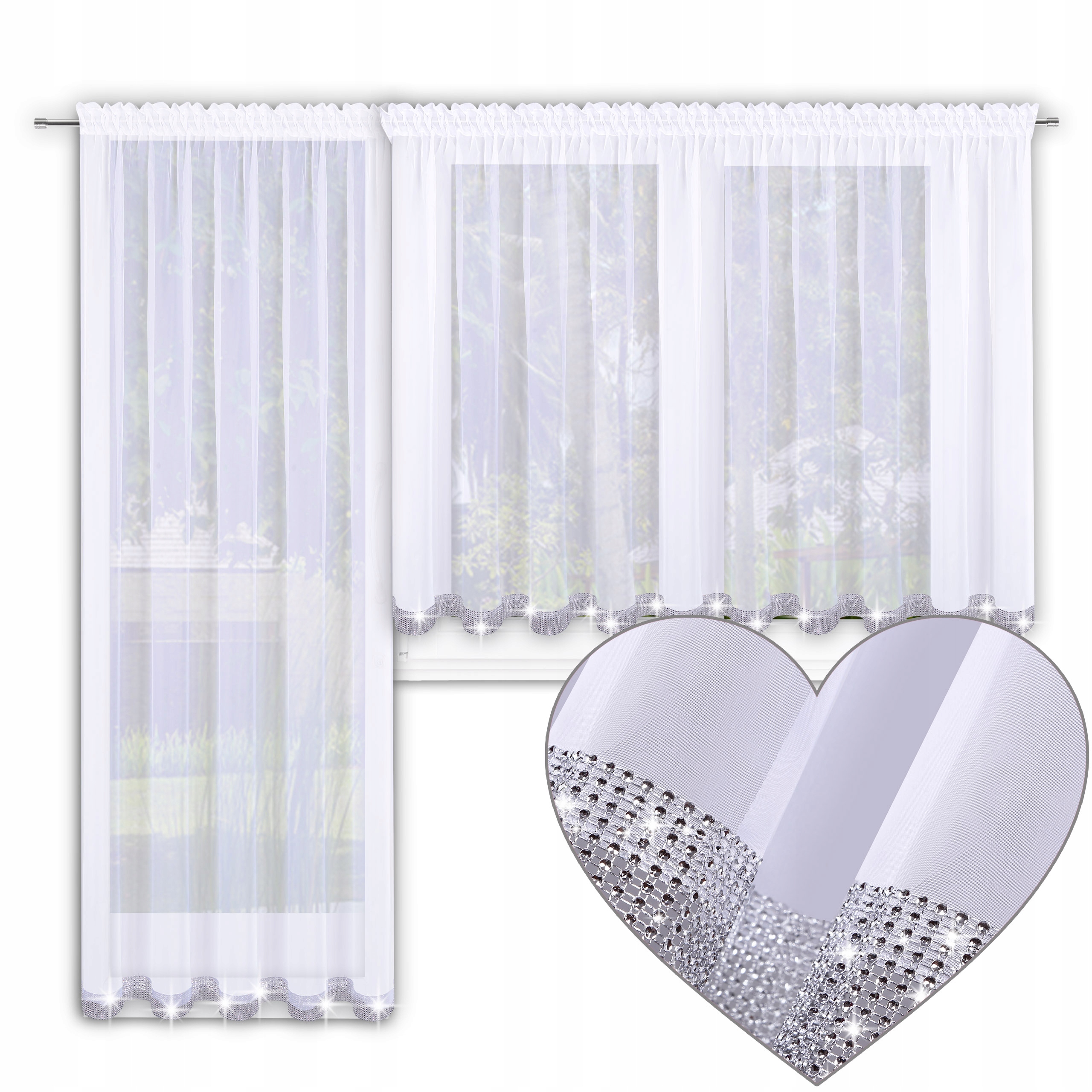 ZESTAW FIRAN NA OKNO BALKONOWE Z WOALU Z CYRKONAMI