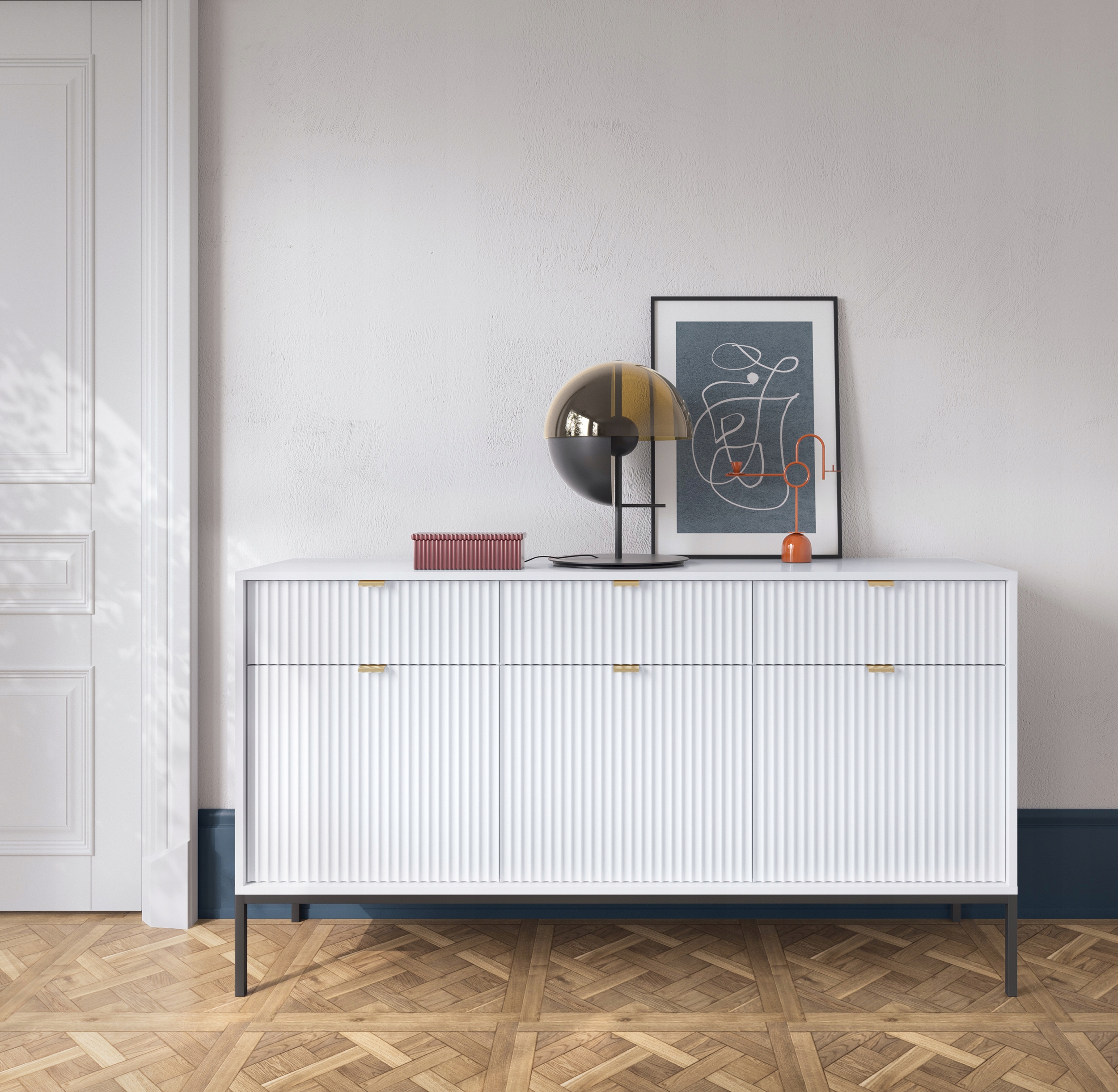 Komoda Nova KSZ154 155 cm glamour 3 zásuvky, velký obývací pokoj, kancelář bílá matná