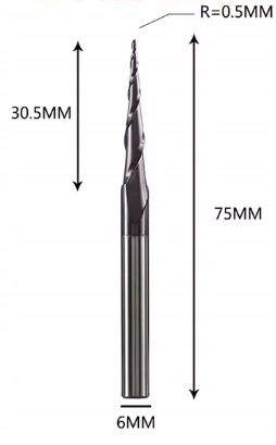 Kónická spirálová fréza R0,5x6,0x30,5x75 pro Cnc