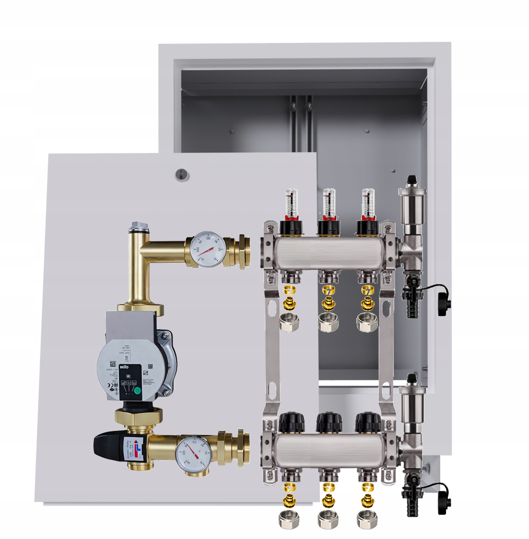 Nerezový rozdělovač pro podlahu, 3 podomítkové skříňky Pumpa Wilo Pex