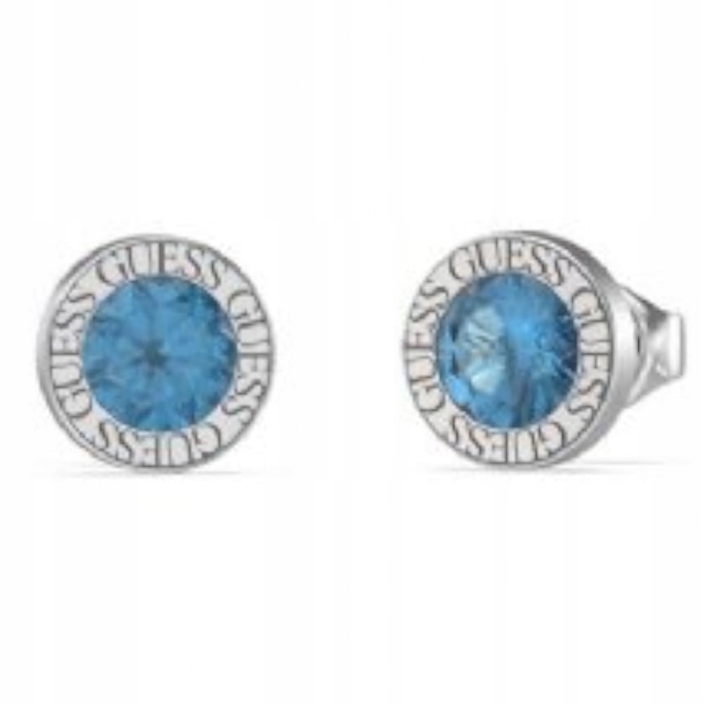 Náušnice Guess Kulaté Modré křišťál logo Ocel barva stříbra