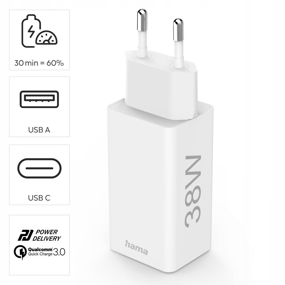 HAMA Szybka Ładowarka USB C i USB A 38W do Smartfonów i Tabletów — miniatura 4