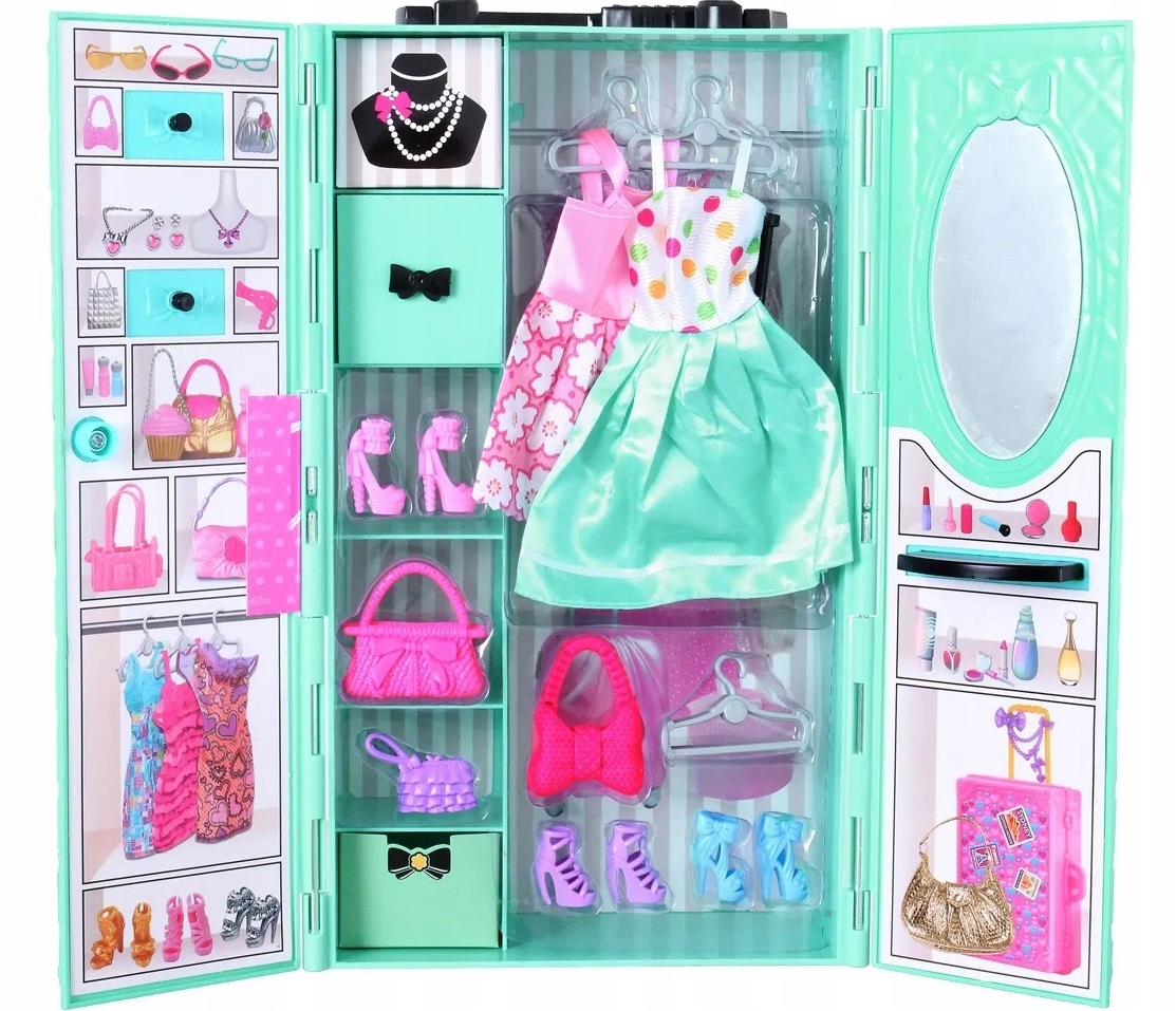 SZAFA GARDEROBA NA UBRANIA DLA LALEK WALIZKA Materiał plastik tkanina inny