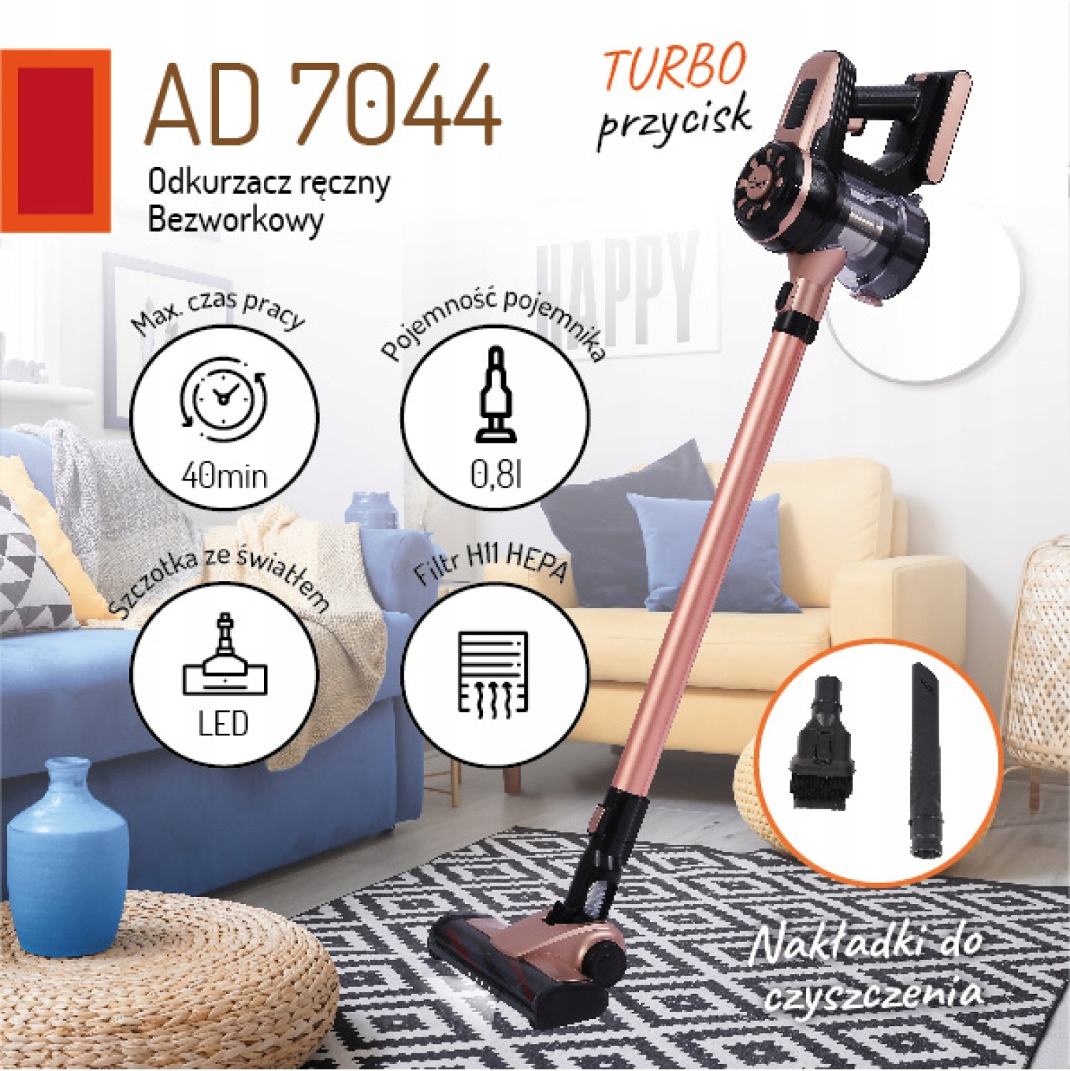 Odkurzacz Pionowy Adler AD 7044 Bezworkowy 120W Turbo LED 40 min