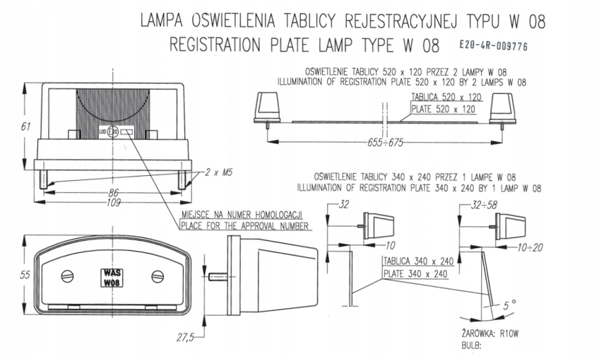LAMPKA TABLICY REJESTRACYJNEJ UNIWERSALNA 12/24V Marka WAS
