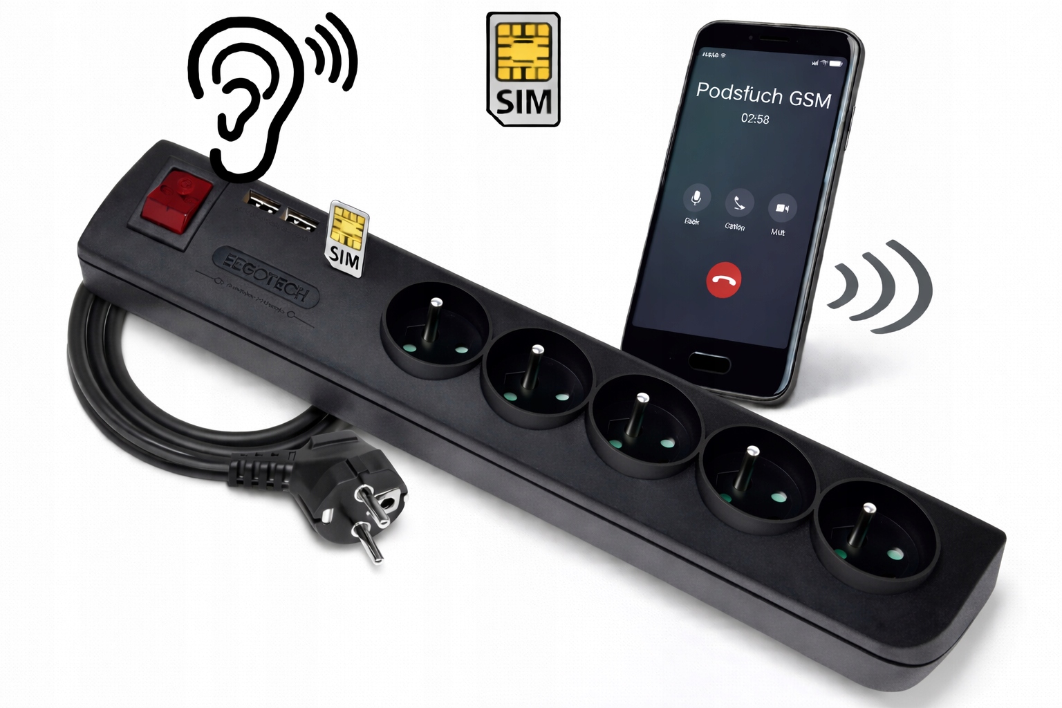 Odpočúvanie Gsm Napájacia Lišta 230V Sim 5XGN 2XUSB Detekcia Hlasom Diktafón