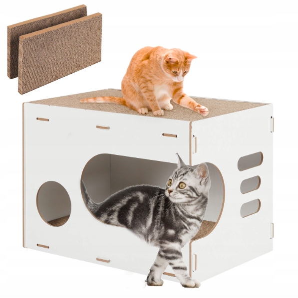 Levně Domeček pro kočky se 2 škrabadly, bílý, s deskou ve tvaru jeskyně, velký