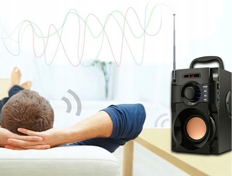 GŁOŚNIK BEZPRZEWODOWY BLUETOOTH MP3 RADIO FM SD STEROWANIE PILOTEM Z RĄCZKĄ Zasilanie akumulatorowe