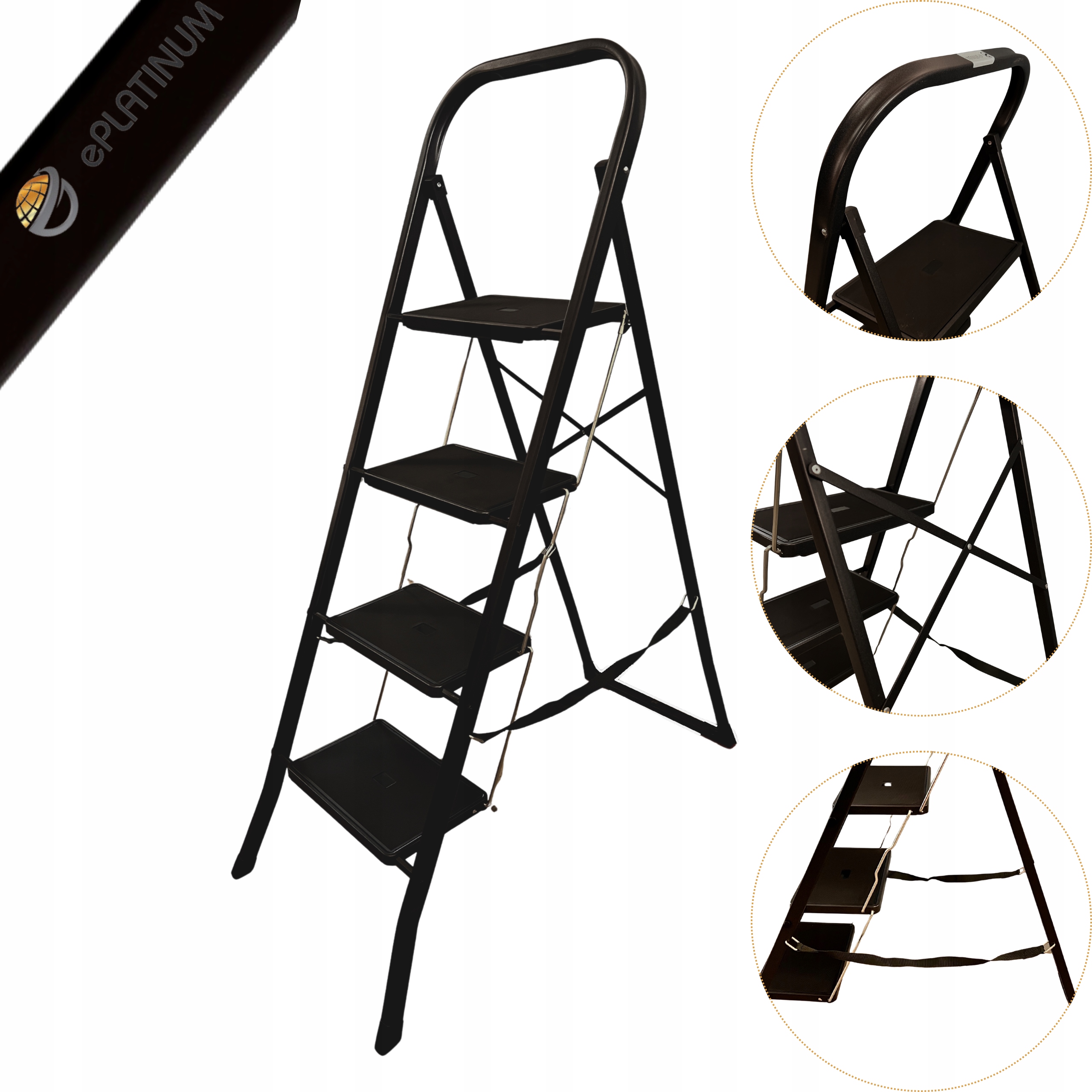 Žebřík Loftový Lehký Skládací Černý Žebřík 4 Stupně Ocelový 150 kg