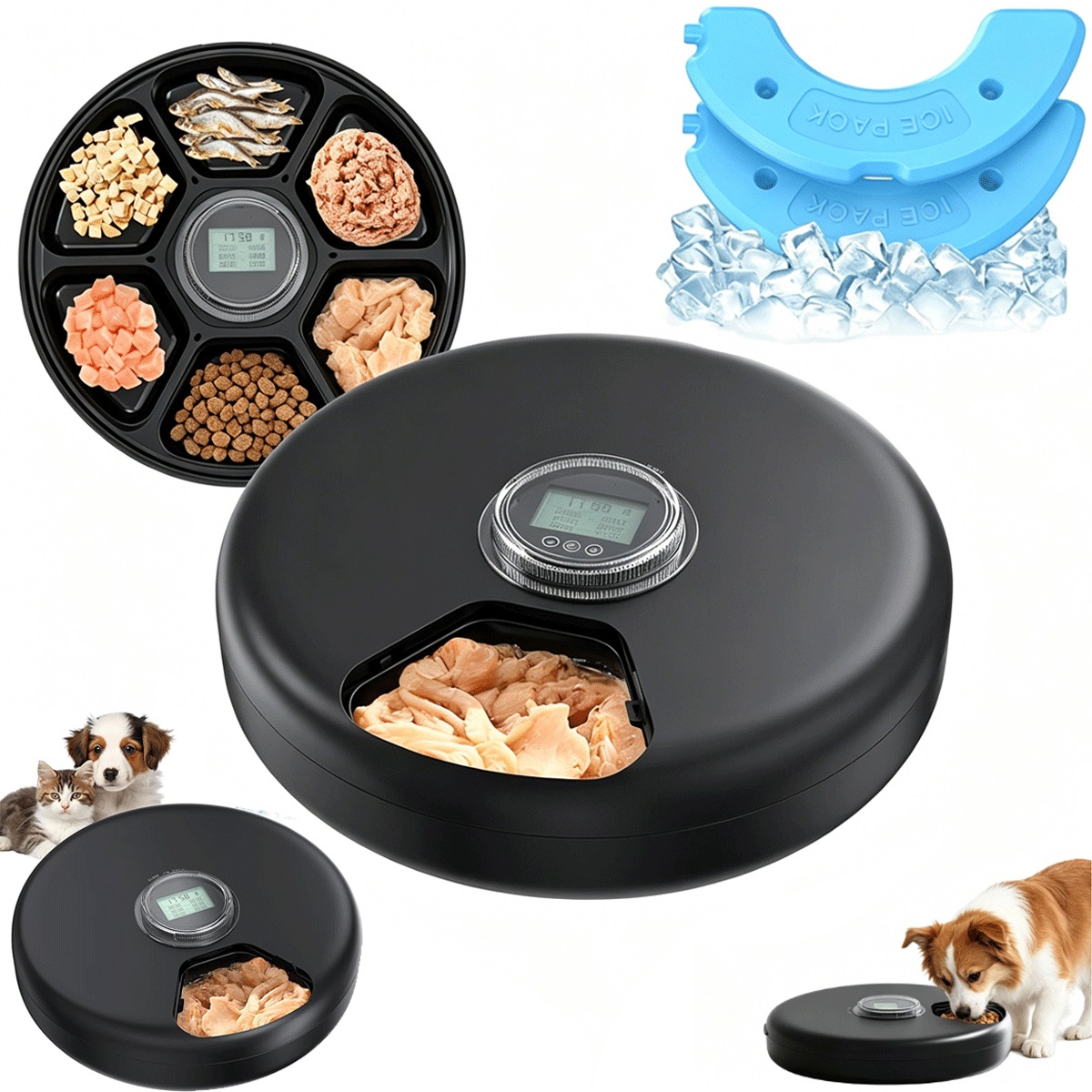 Automatické krmítko 6 komor 200 Ml s LCD displejem a 2 chladicími vložkami