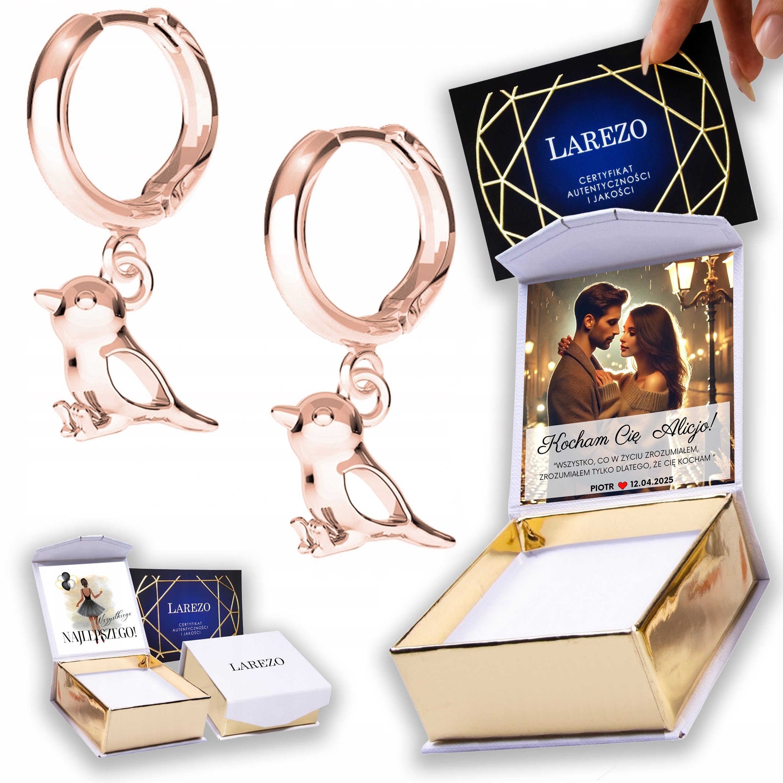 Náušnice Pozlacené 925 s vrabci Ptáci Vrabci Vrabec Bird Vrabec Potisk