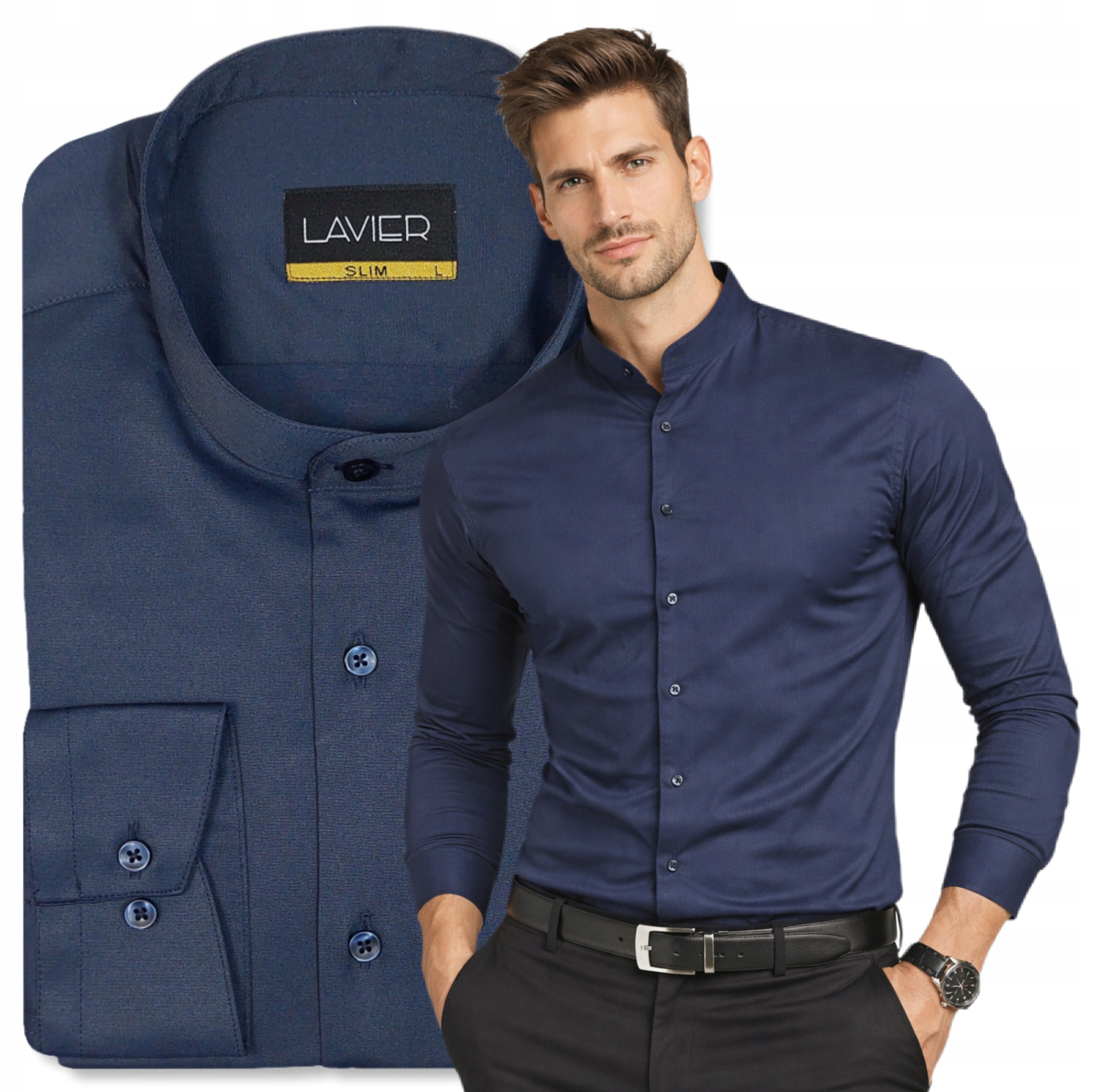 Pánská košile Stójka Lavier námořnická modrá – elegantní, Slim Fit, bavlněná vel. M