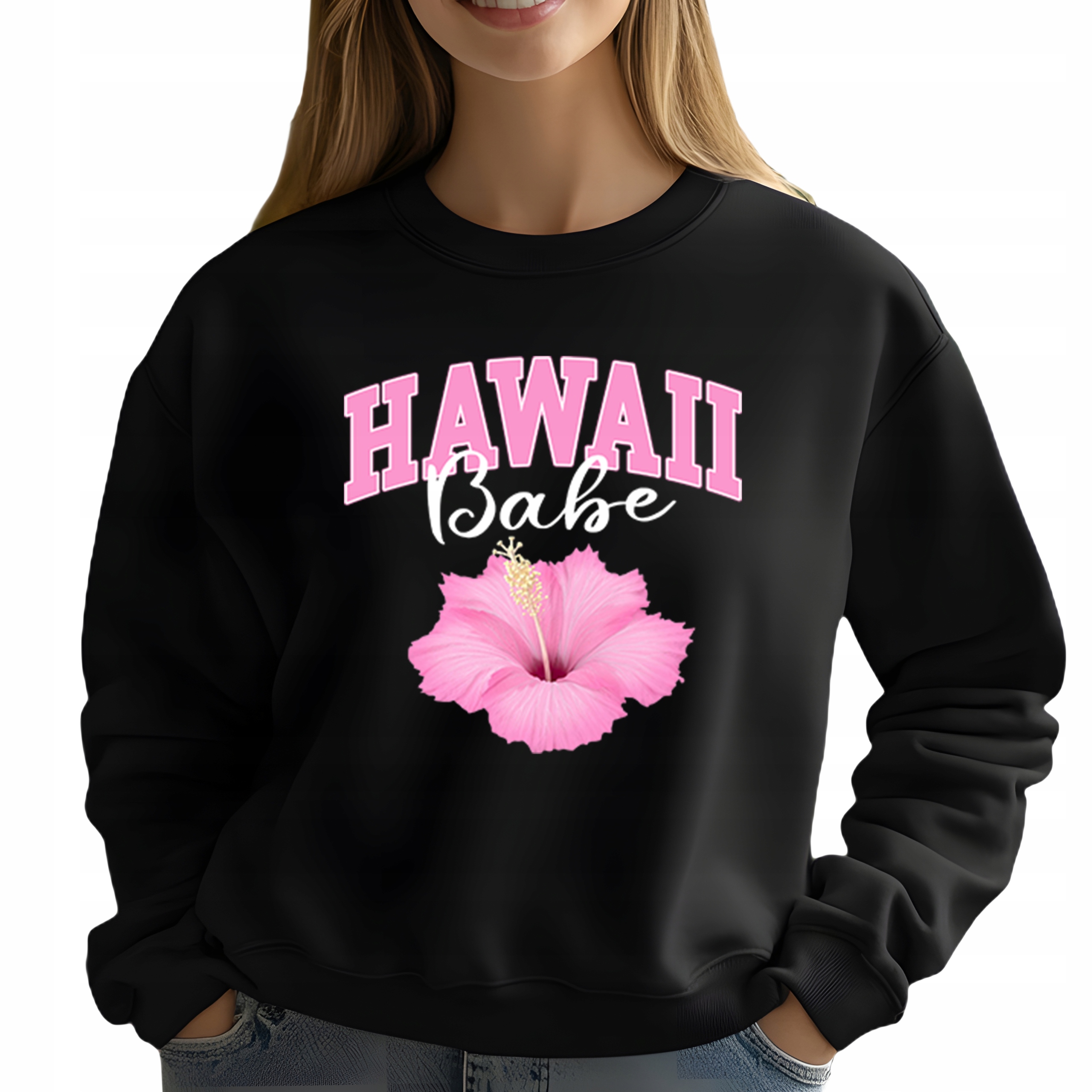 Mikina Bez Kapuce Černá Bavlněná Módní Elegantní Hawaii Babe XL